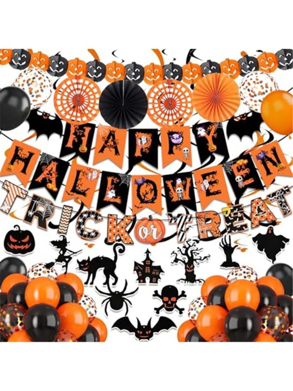 Halloween Trick or Treat Banner Paper Fan Balloons and Swirl Streamers Goul